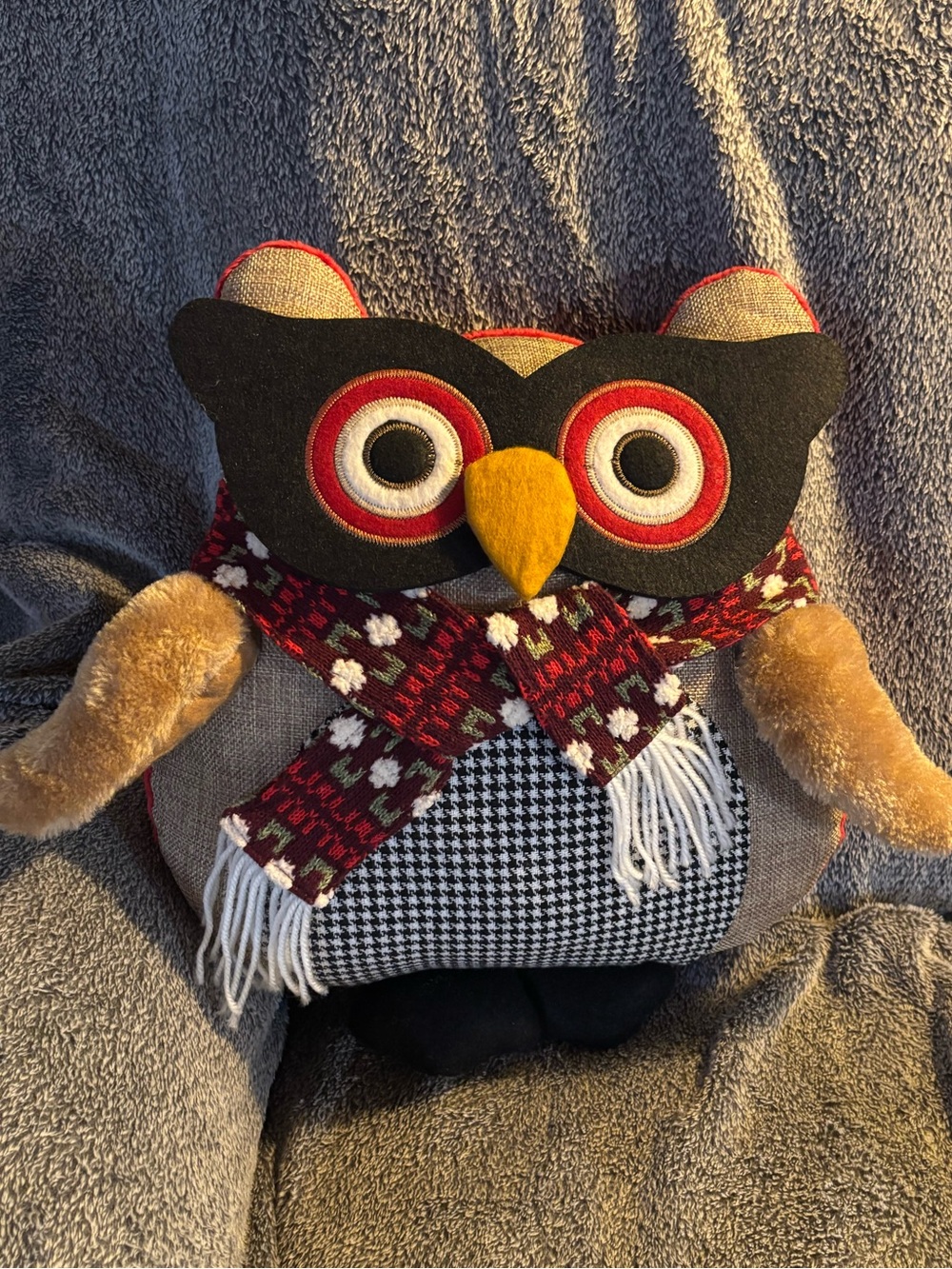 Fall Christmas Owl Plush Pillow 16” Woodland Farmhouse Houndstooth Burlap Decor